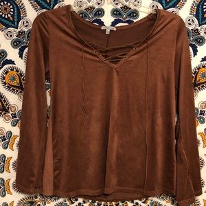 Suede tan brown long  bell sleeve  tie up blouse